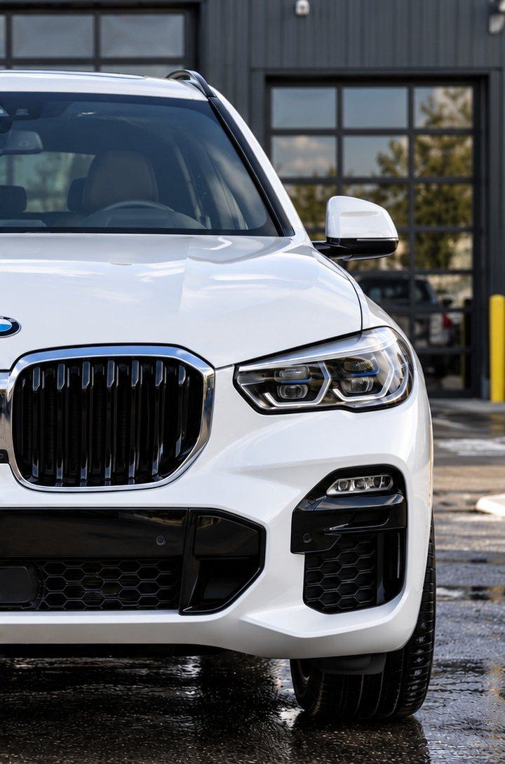 After: the same BMW X5 clean and bright white after an exterior detail