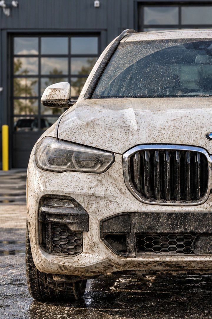 Before: a white BMW X5 caked in dried mud
