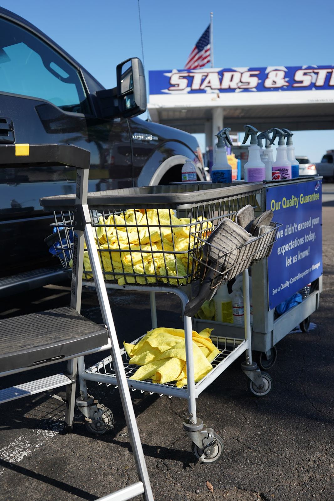 Towel carts ready under the Stars and Stripes sign